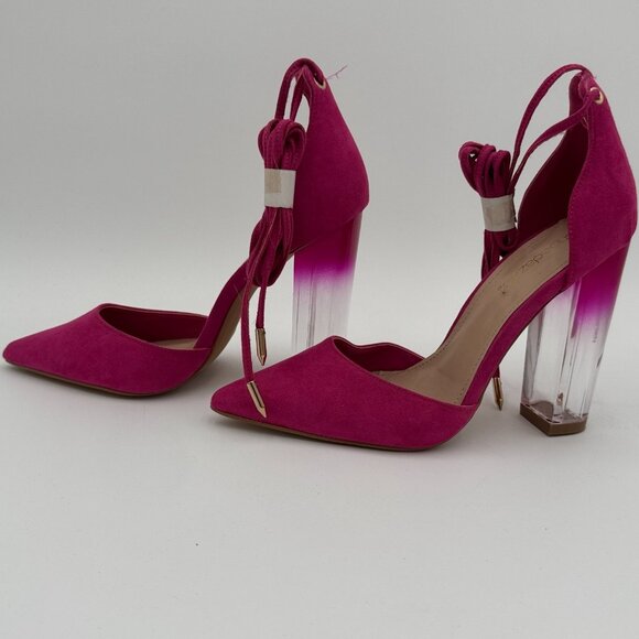 ShoeDazzle Kaia Heels Size 6 Hot Pink Suede Lace Up Clear Block Ombre Heels - Picture 5 of 9